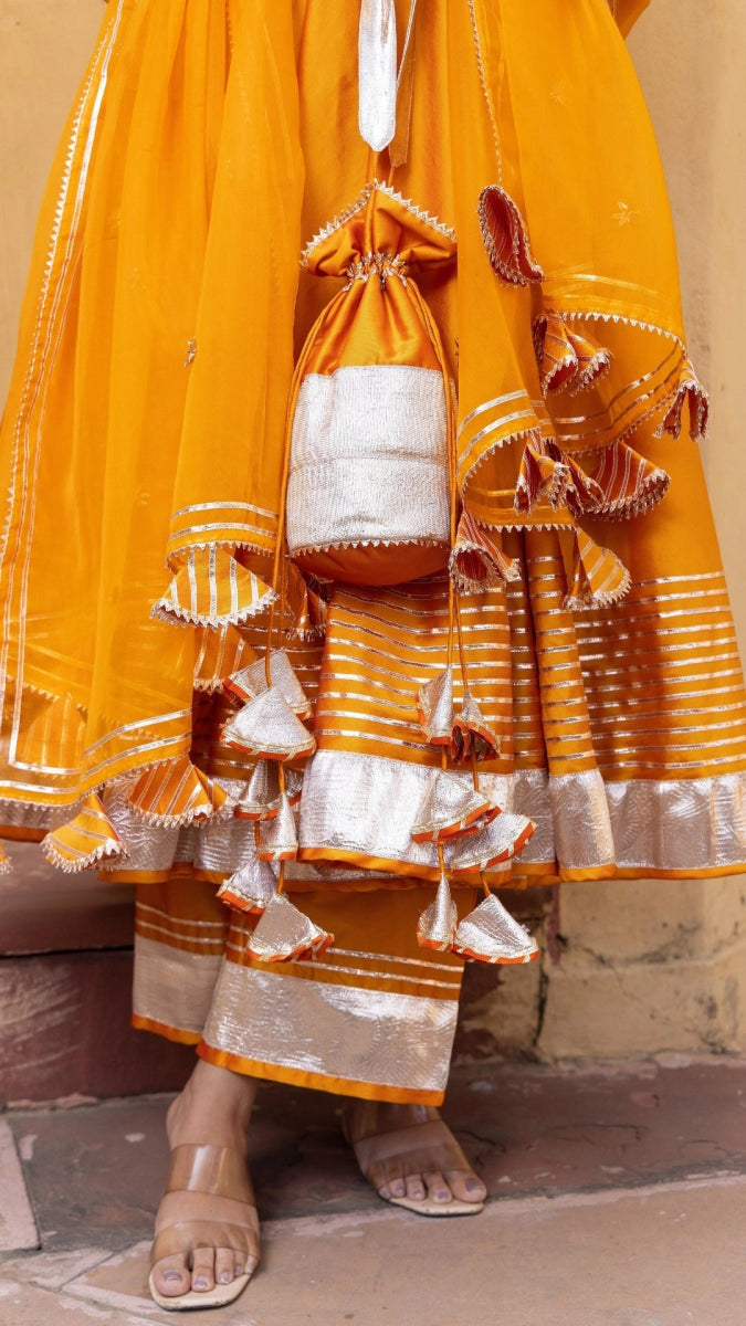 AMBER ORANGE TAFFETA SILK ANARKALI SET - Pomcha Jaipur