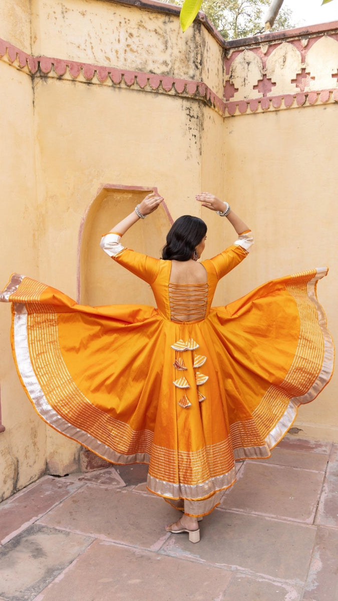 AMBER ORANGE TAFFETA SILK ANARKALI SET - Pomcha Jaipur