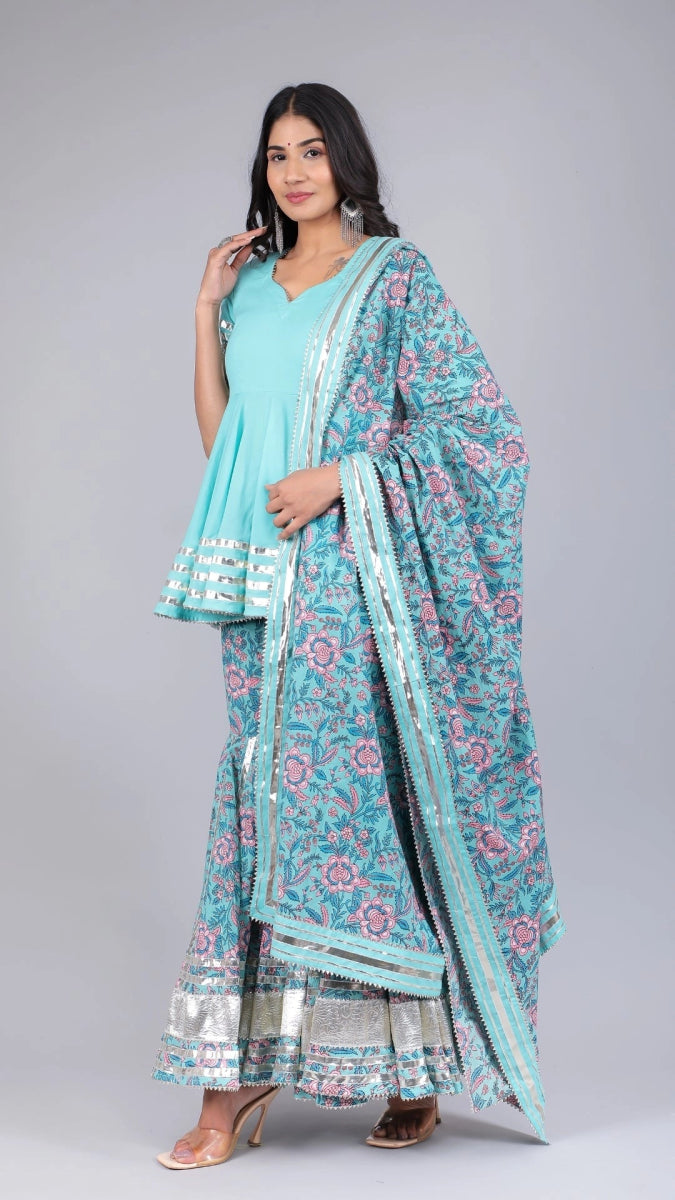 ANAM BLUE COTTON SHARARA SET - Pomcha Jaipur