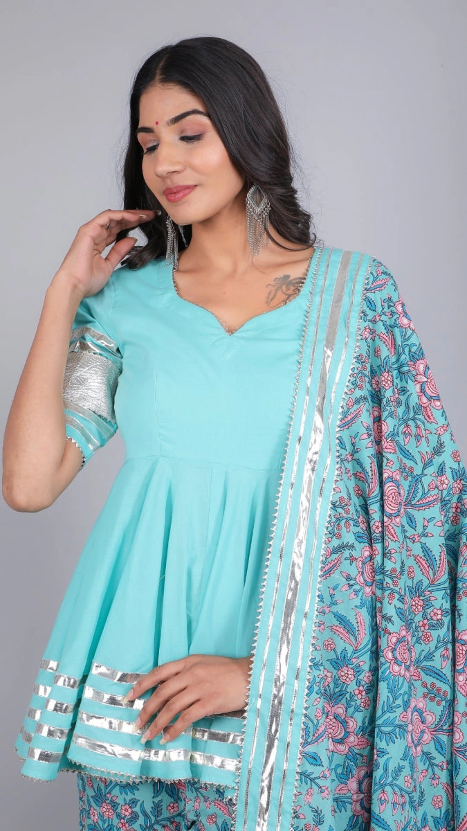 ANAM BLUE COTTON SHARARA SET - Pomcha Jaipur