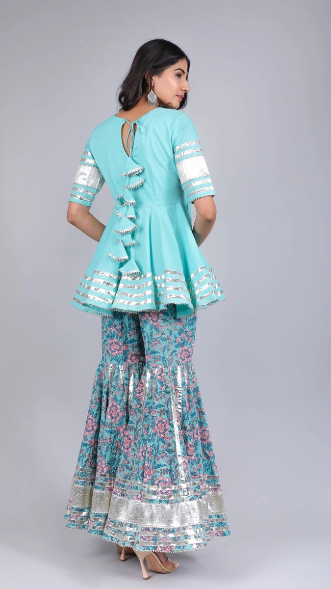 ANAM BLUE COTTON SHARARA SET - Pomcha Jaipur