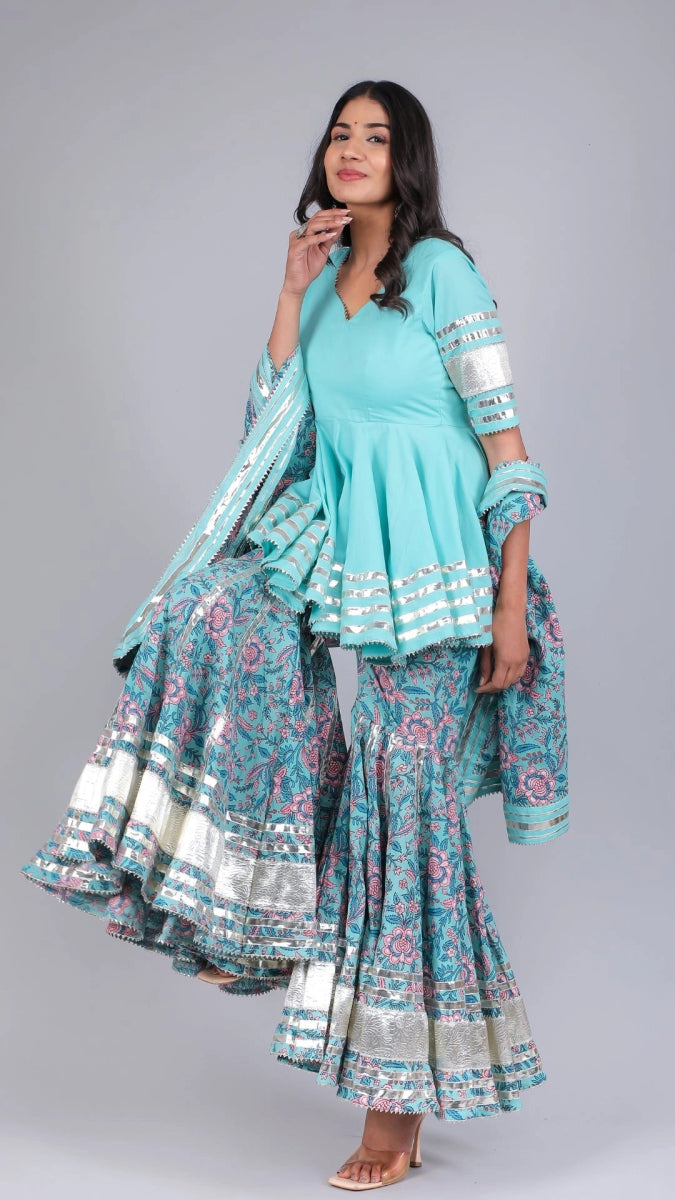 ANAM BLUE COTTON SHARARA SET - Pomcha Jaipur