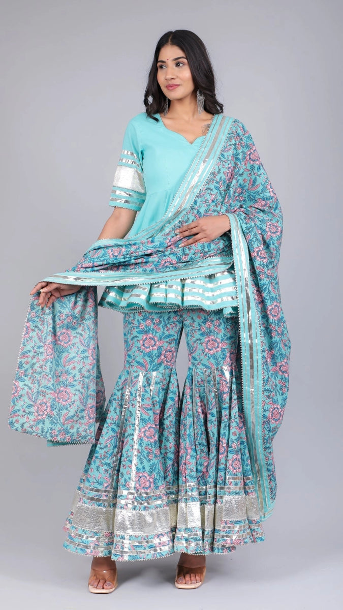 ANAM BLUE COTTON SHARARA SET - Pomcha Jaipur