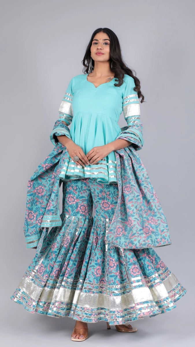 ANAM BLUE COTTON SHARARA SET - Pomcha Jaipur