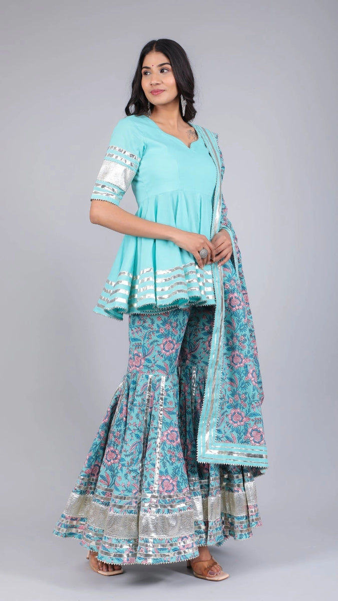 ANAM BLUE COTTON SHARARA SET - Pomcha Jaipur