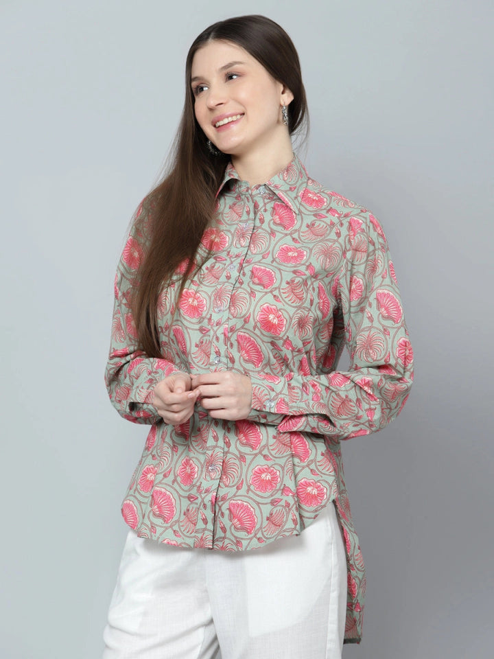 ANIKA COTTON HAND BLOCK WOMEN SHIRT - Pomcha Jaipur