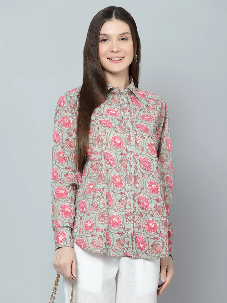 ANIKA COTTON HAND BLOCK WOMEN SHIRT - Pomcha Jaipur