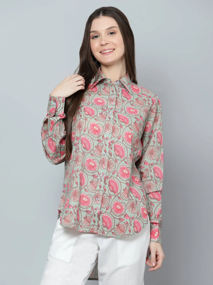 ANIKA COTTON HAND BLOCK WOMEN SHIRT - Pomcha Jaipur