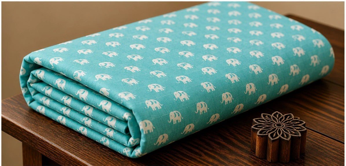 AQUA ELEPHANTHAND BLOCK BUTI PRINT COTTON FABRIC - Pomcha Jaipur