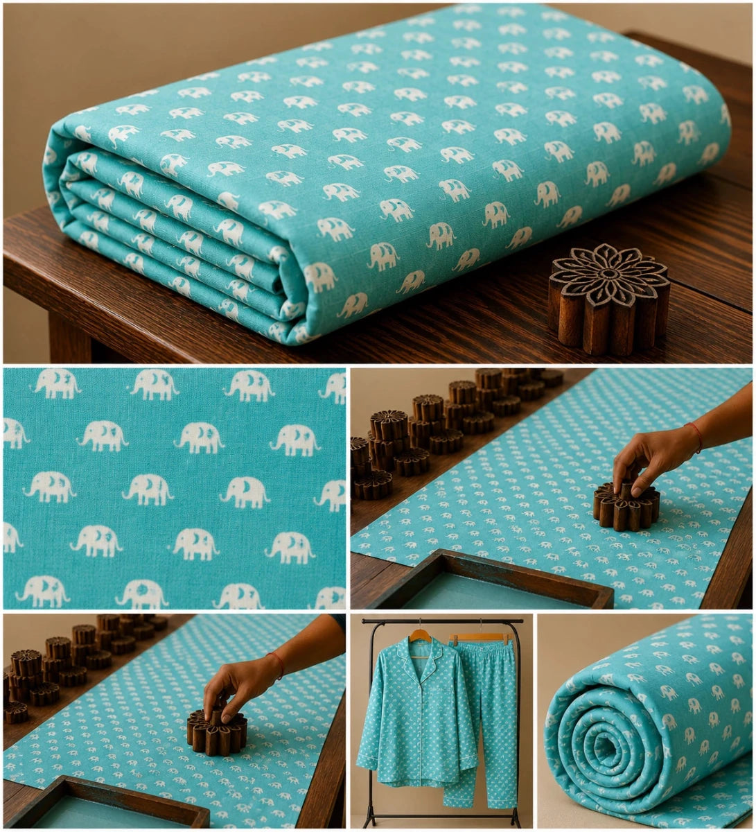 AQUA ELEPHANTHAND BLOCK BUTI PRINT COTTON FABRIC - Pomcha Jaipur