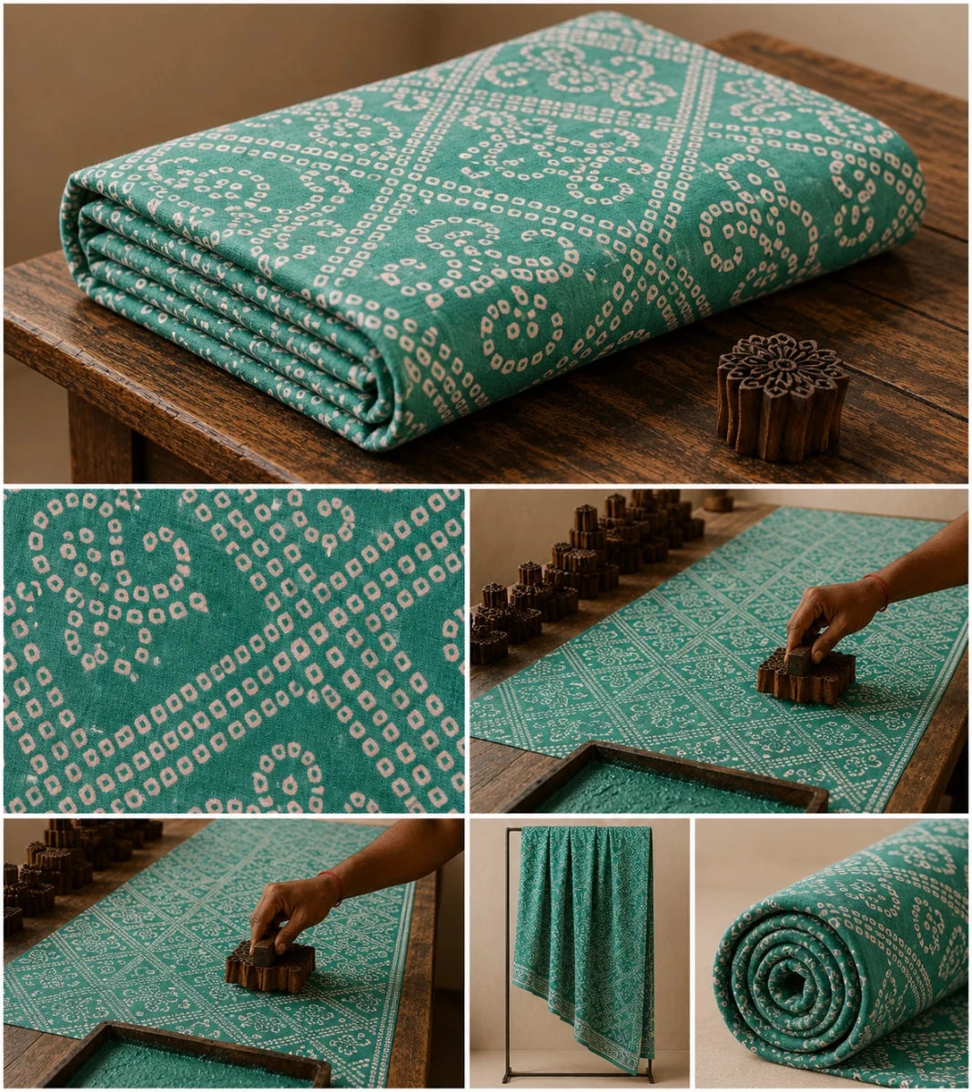 AQUA GREEN BANDHEJ COTTON FABRIC WITH TRADITIONAL PATTERNS AND SOFT COMFORTABLE - Pomcha Jaipur