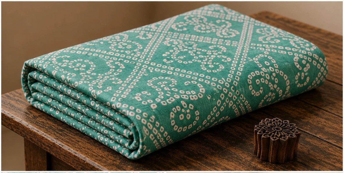 AQUA GREEN BANDHEJ COTTON FABRIC WITH TRADITIONAL PATTERNS AND SOFT COMFORTABLE - Pomcha Jaipur