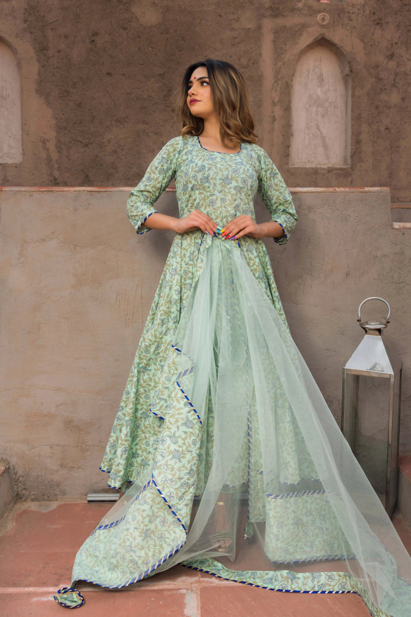 AQUA GREEN HAND BLOCK PRINT COTTON ANARKALI SET WITH SOFT NET DUPATTA - Pomcha Jaipur