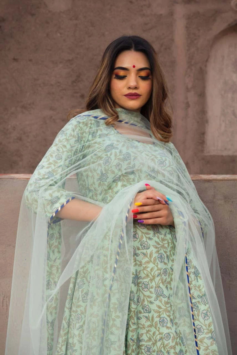 AQUA GREEN HAND BLOCK PRINT COTTON ANARKALI SET WITH SOFT NET DUPATTA - Pomcha Jaipur