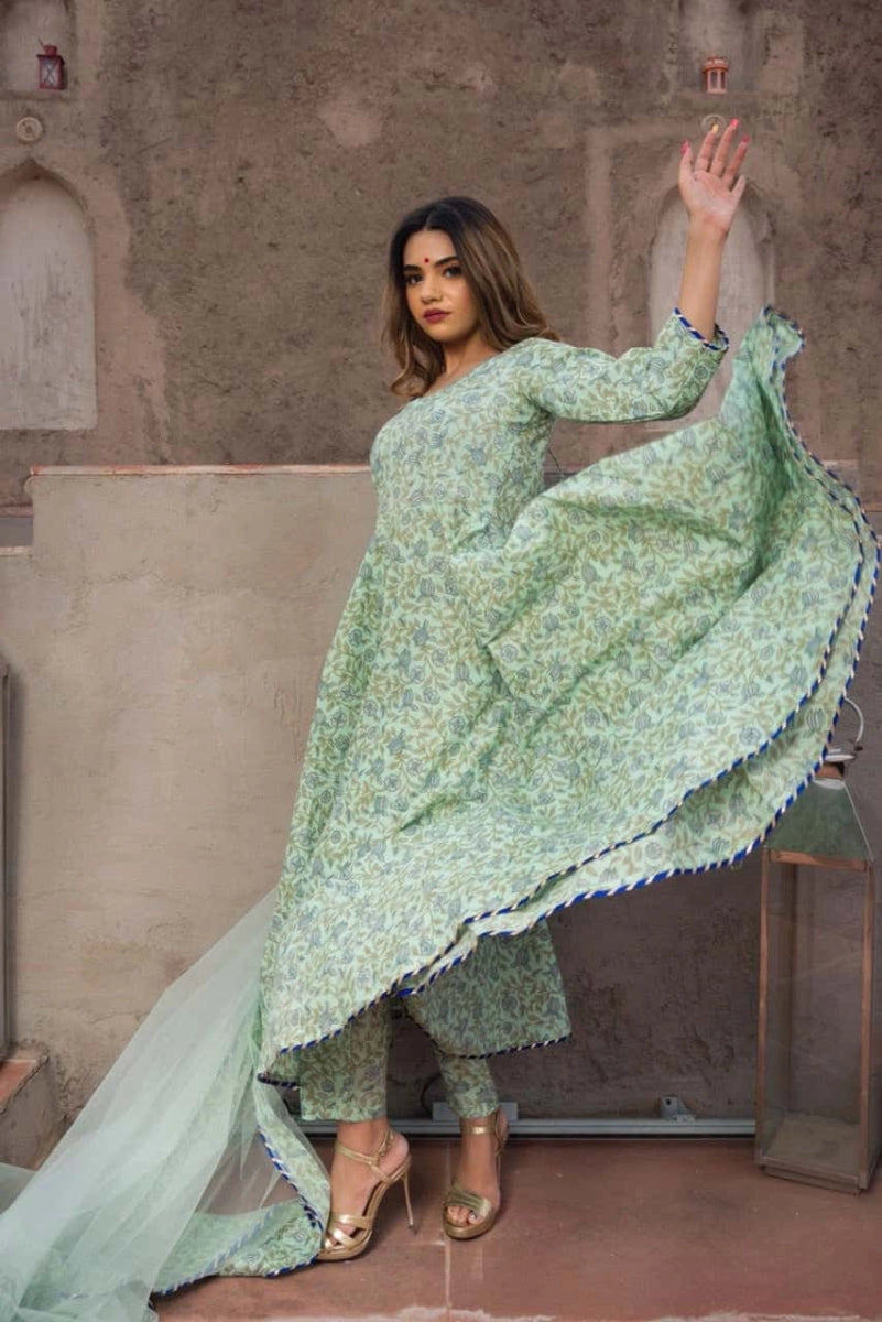 AQUA GREEN HAND BLOCK PRINT COTTON ANARKALI SET WITH SOFT NET DUPATTA - Pomcha Jaipur