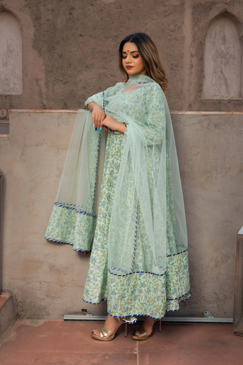 AQUA GREEN HAND BLOCK PRINT COTTON ANARKALI SET WITH SOFT NET DUPATTA - Pomcha Jaipur