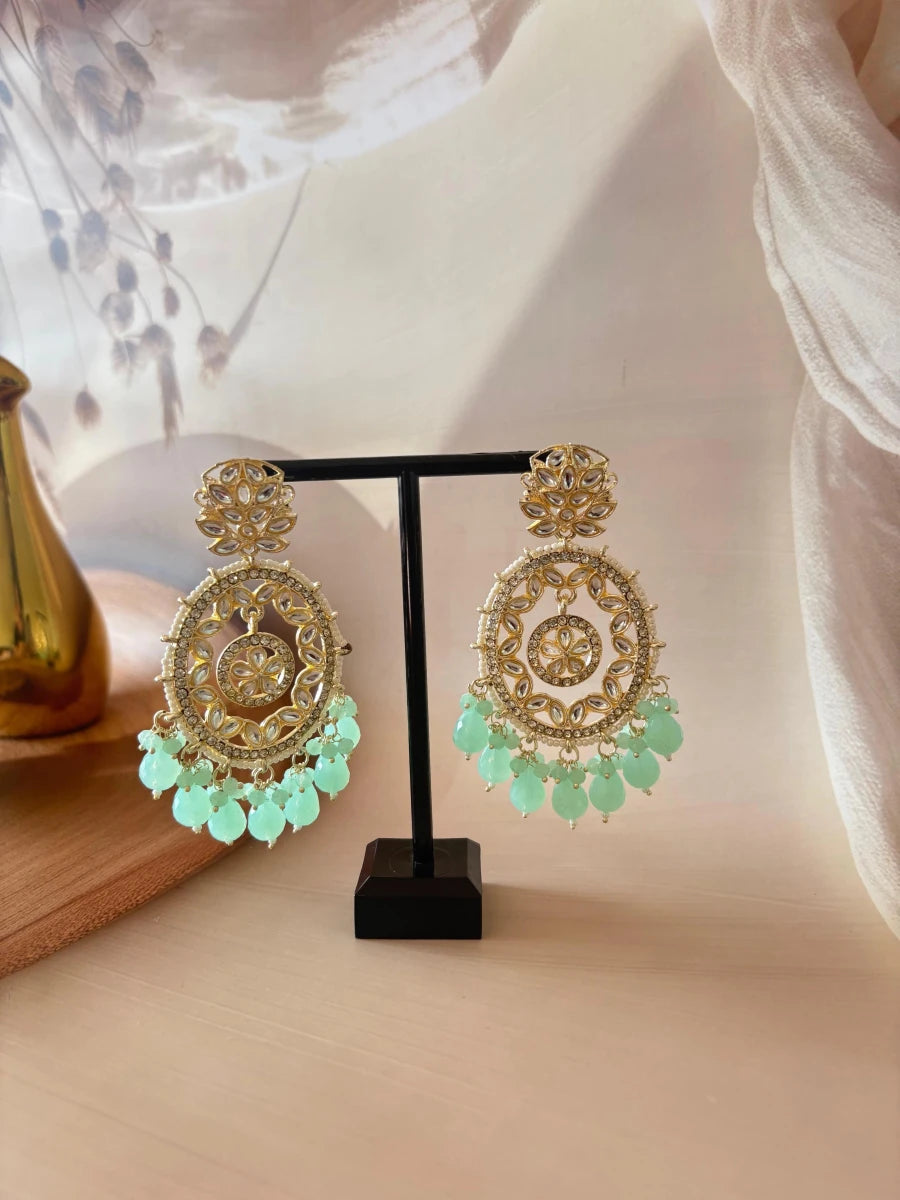 AQUA GREEN PEARL KUNDAN STUDDED EARRING SET - Pomcha Jaipur