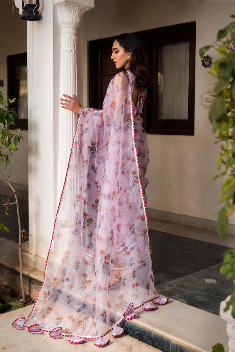 Aster Lavender Organza Printed Saree - Pomcha Jaipur