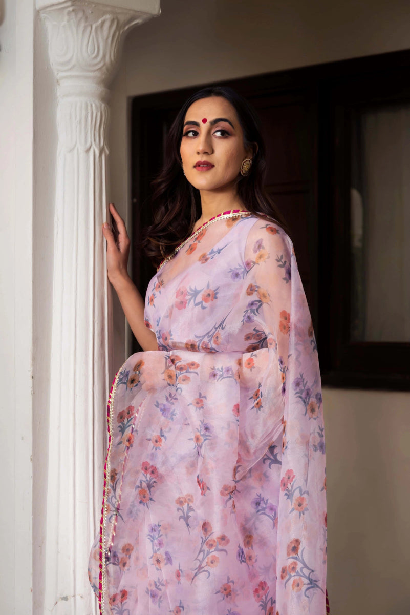 Aster Lavender Organza Printed Saree - Pomcha Jaipur