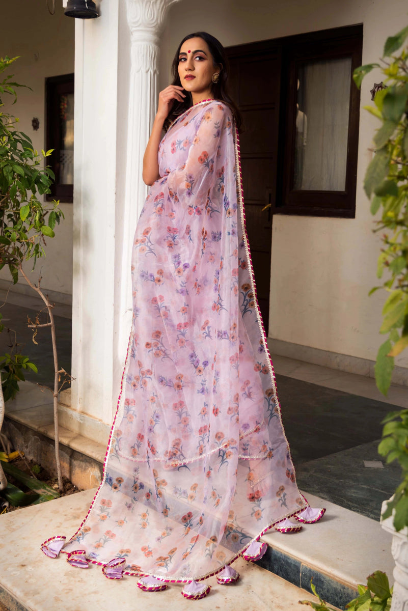 Aster Lavender Organza Printed Saree - Pomcha Jaipur