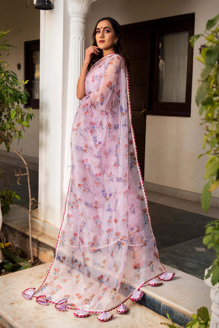 Aster Lavender Organza Printed Saree - Pomcha Jaipur