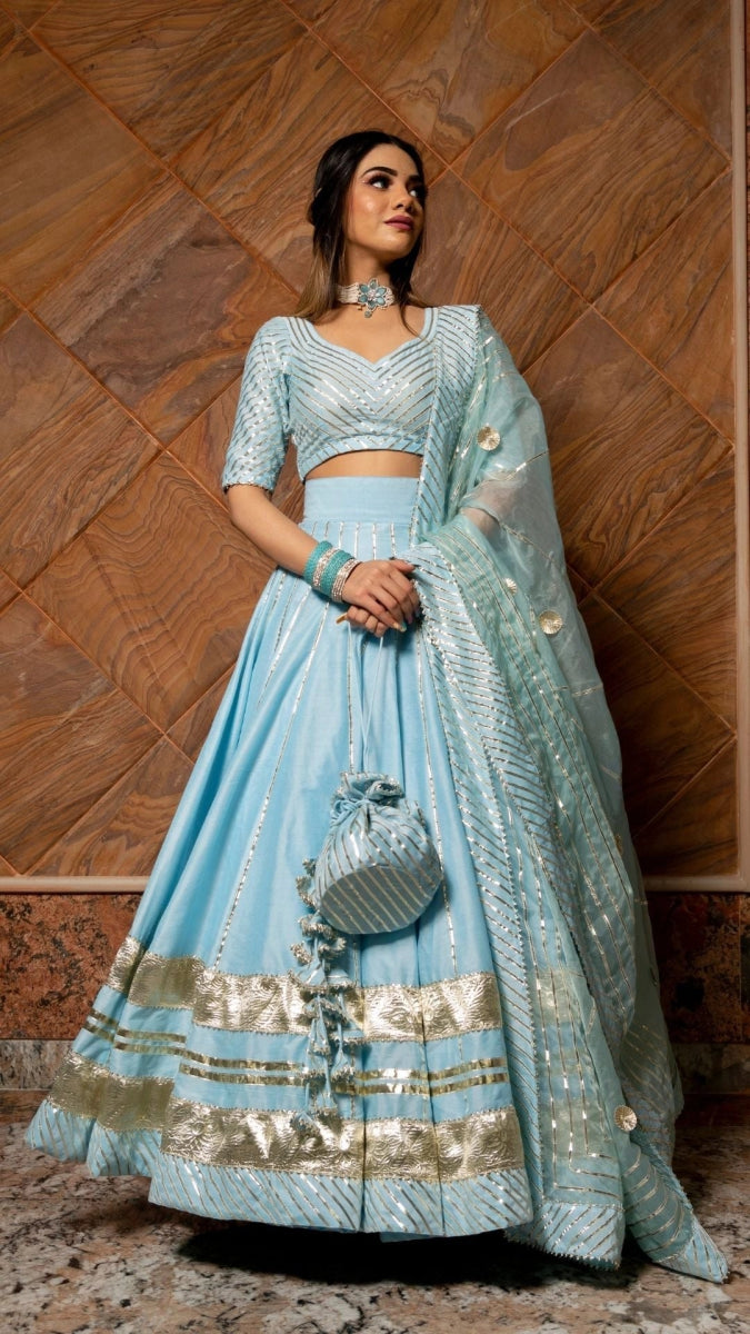 AYESHA BLUE COTTON SILK LEHENGA WITH LAPPA WORK AND ORGANZA DUPATTA SET - Pomcha Jaipur