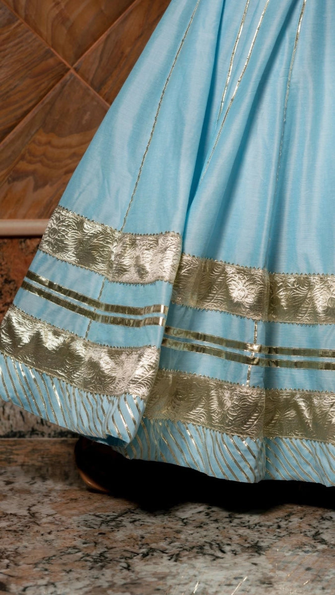 AYESHA BLUE COTTON SILK LEHENGA WITH LAPPA WORK AND ORGANZA DUPATTA SET - Pomcha Jaipur