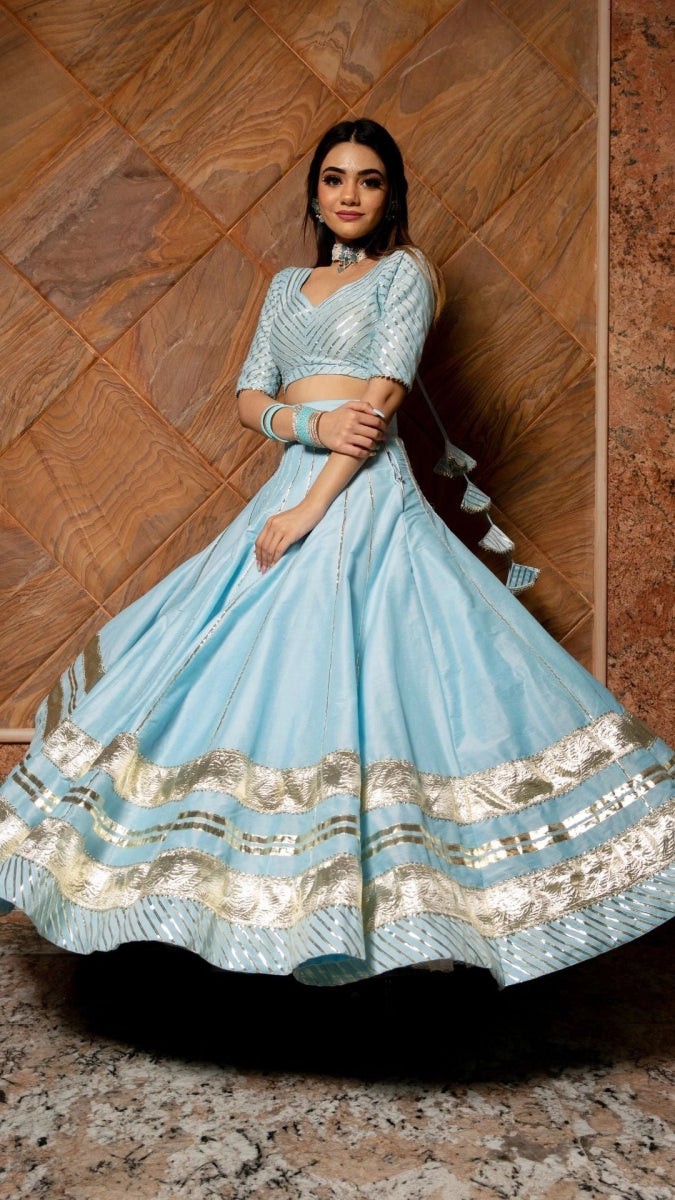 AYESHA BLUE COTTON SILK LEHENGA WITH LAPPA WORK AND ORGANZA DUPATTA SET - Pomcha Jaipur