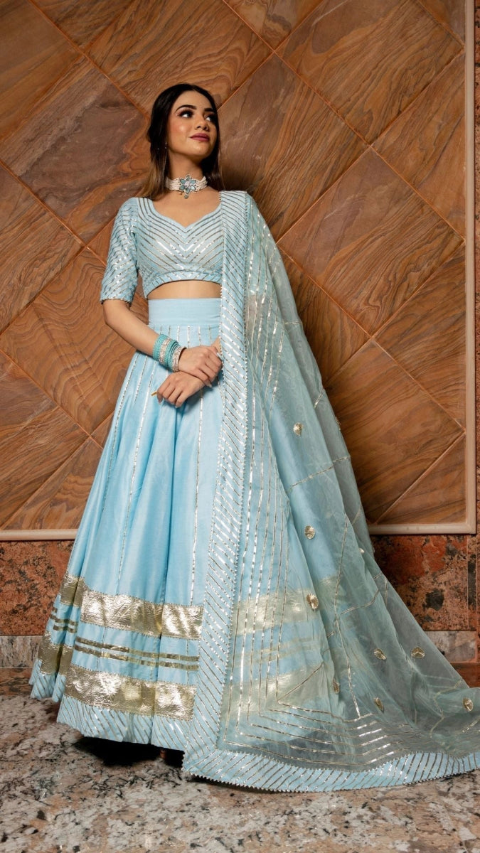 AYESHA BLUE COTTON SILK LEHENGA WITH LAPPA WORK AND ORGANZA DUPATTA SET - Pomcha Jaipur