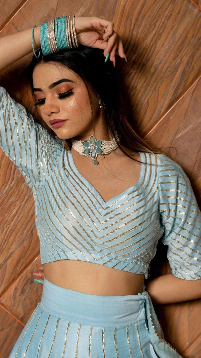 AYESHA BLUE COTTON SILK LEHENGA WITH LAPPA WORK AND ORGANZA DUPATTA SET - Pomcha Jaipur