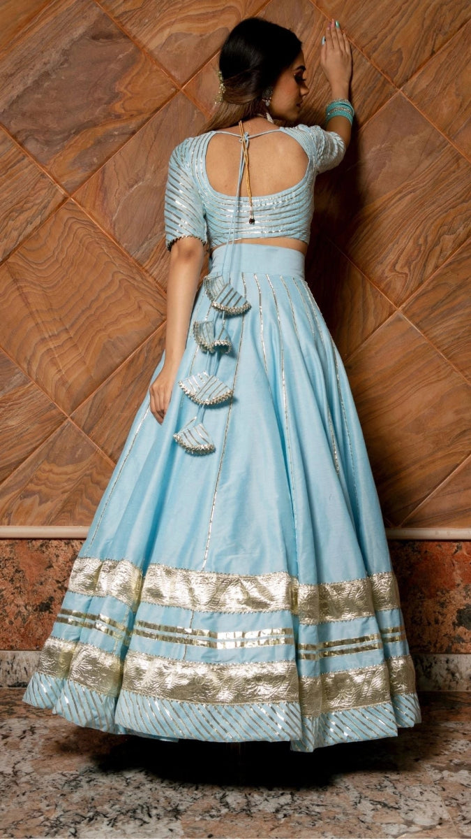 AYESHA BLUE COTTON SILK LEHENGA WITH LAPPA WORK AND ORGANZA DUPATTA SET - Pomcha Jaipur