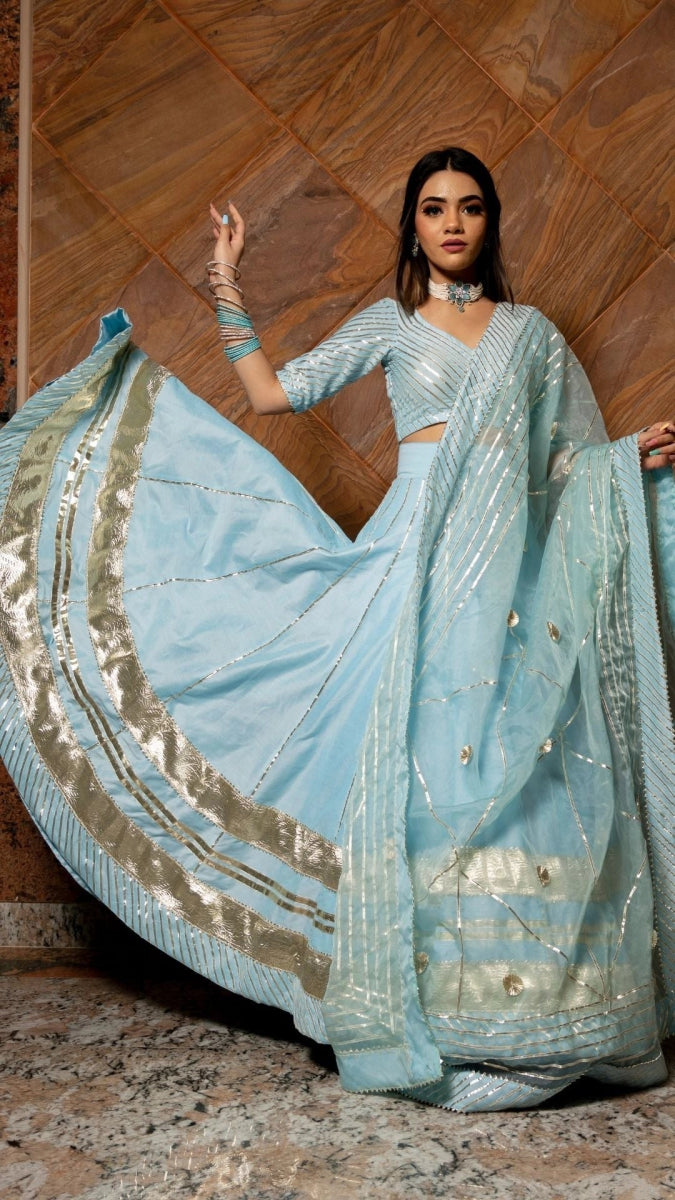 AYESHA BLUE COTTON SILK LEHENGA WITH LAPPA WORK AND ORGANZA DUPATTA SET - Pomcha Jaipur