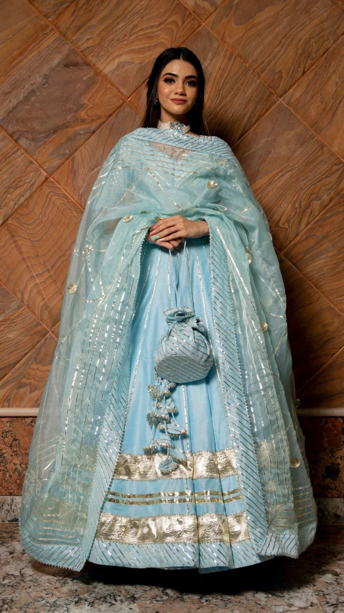 AYESHA BLUE COTTON SILK LEHENGA WITH LAPPA WORK AND ORGANZA DUPATTA SET - Pomcha Jaipur