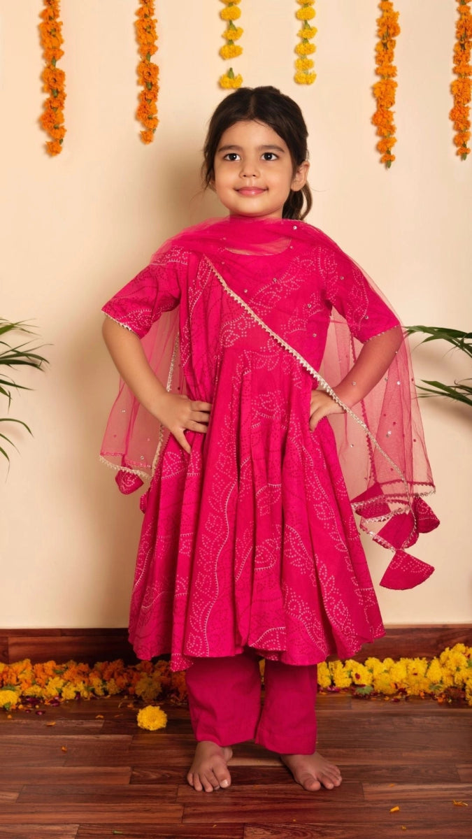 Bachpan bhandhej pink cotton anarkaliu set - Pomcha Jaipur