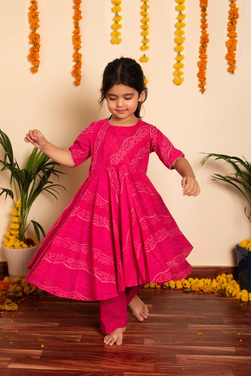 Bachpan bhandhej pink cotton anarkaliu set - Pomcha Jaipur