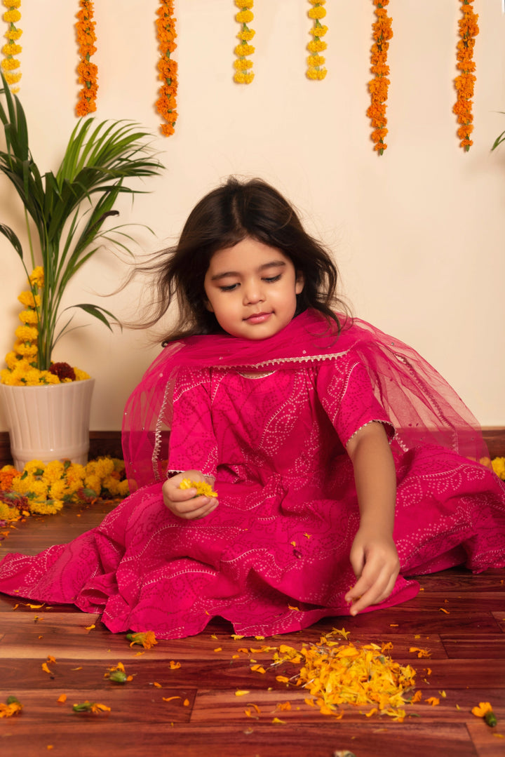 Bachpan bhandhej pink cotton anarkaliu set - Pomcha Jaipur