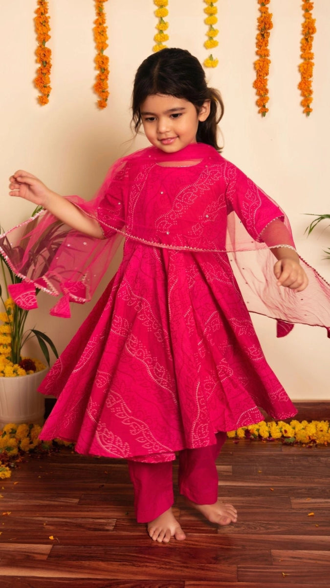 Bachpan bhandhej pink cotton anarkaliu set - Pomcha Jaipur