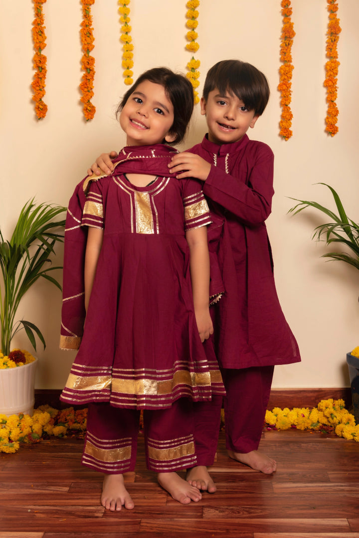 BACHPAN BURGUNDY KURTA PANT SET - Pomcha Jaipur