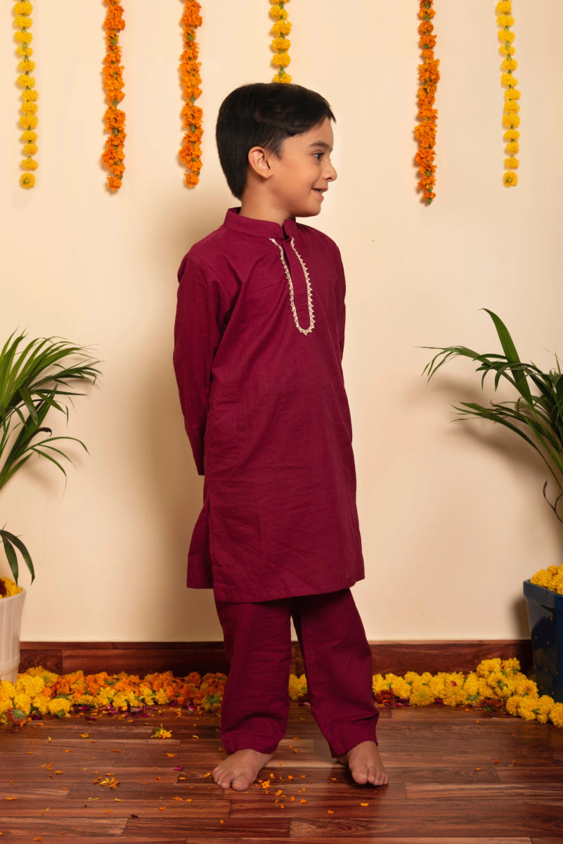 BACHPAN BURGUNDY KURTA PANT SET - Pomcha Jaipur