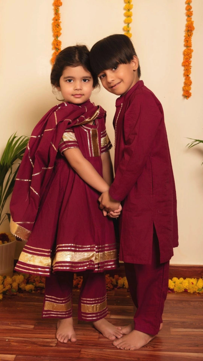 BACHPAN BURGUNDY KURTA PANT SET - Pomcha Jaipur