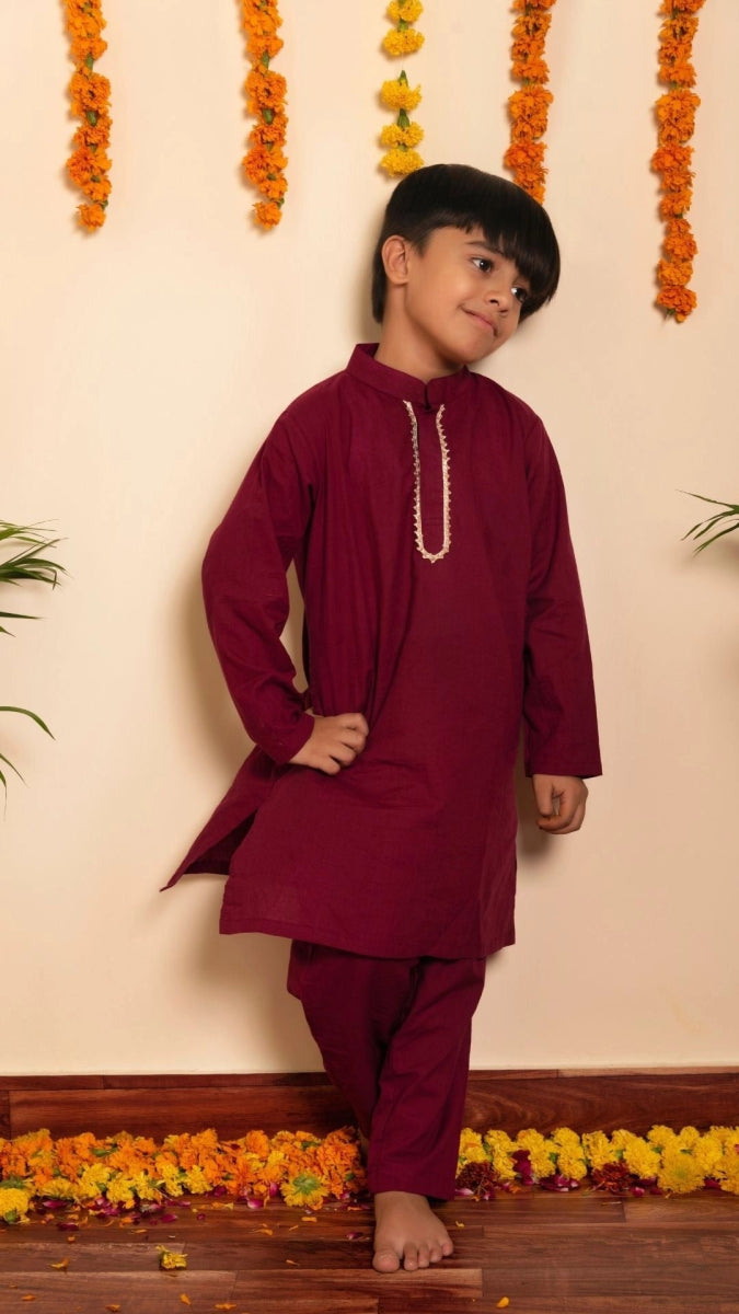 BACHPAN BURGUNDY KURTA PANT SET - Pomcha Jaipur