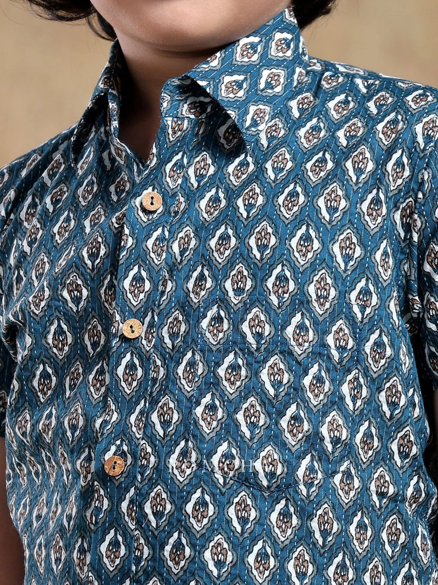 BACHPAN DAHLEEZ BLUE COTTON HAND BLOCK SHIRT - Pomcha Jaipur