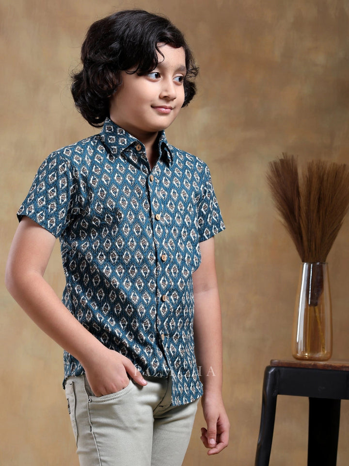BACHPAN DAHLEEZ BLUE COTTON HAND BLOCK SHIRT - Pomcha Jaipur