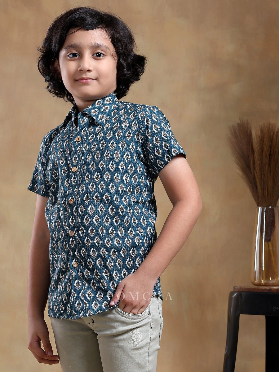 BACHPAN DAHLEEZ BLUE COTTON HAND BLOCK SHIRT - Pomcha Jaipur
