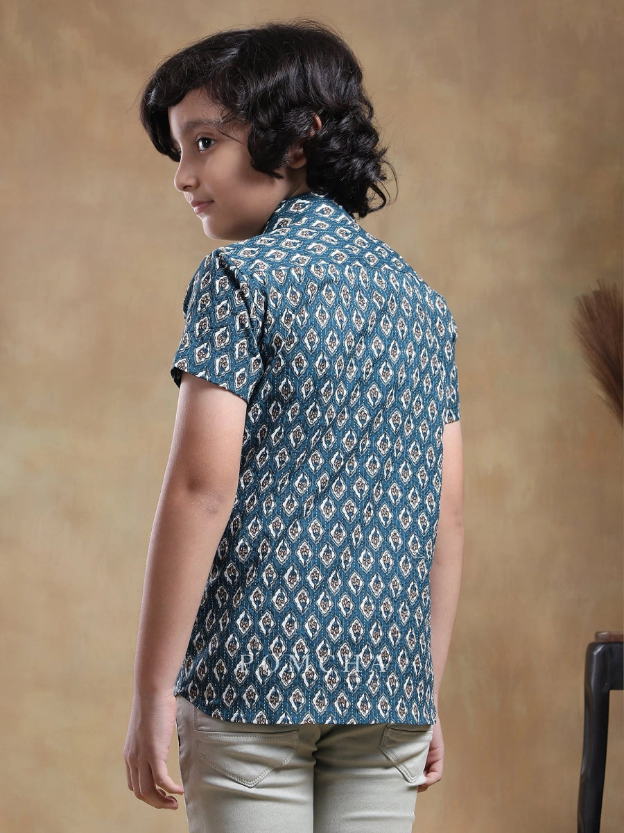 BACHPAN DAHLEEZ BLUE COTTON HAND BLOCK SHIRT - Pomcha Jaipur