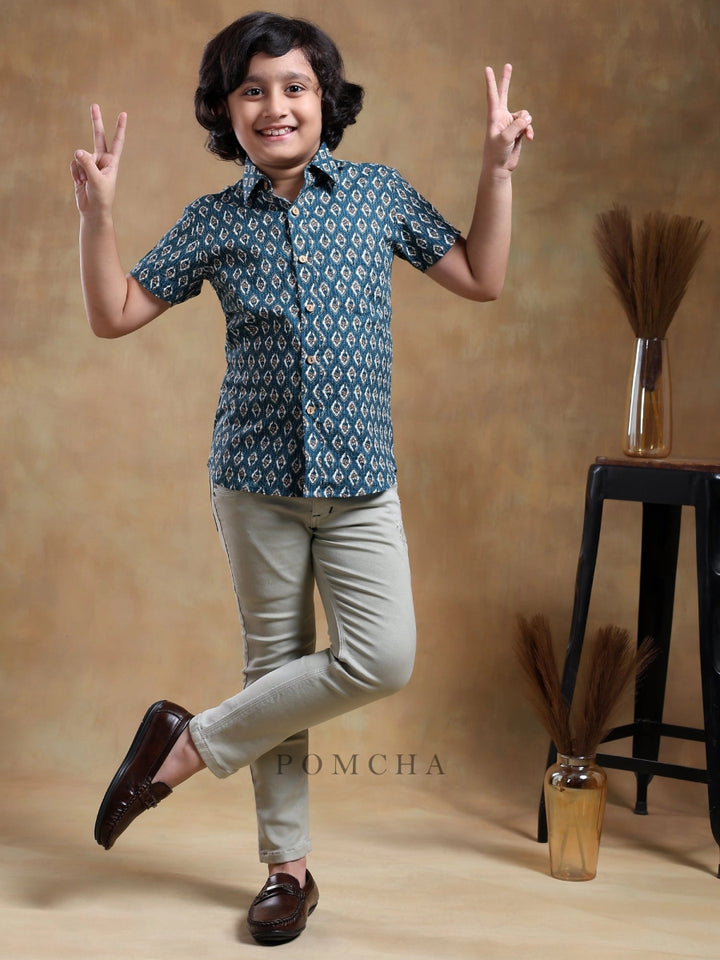 BACHPAN DAHLEEZ BLUE COTTON HAND BLOCK SHIRT - Pomcha Jaipur