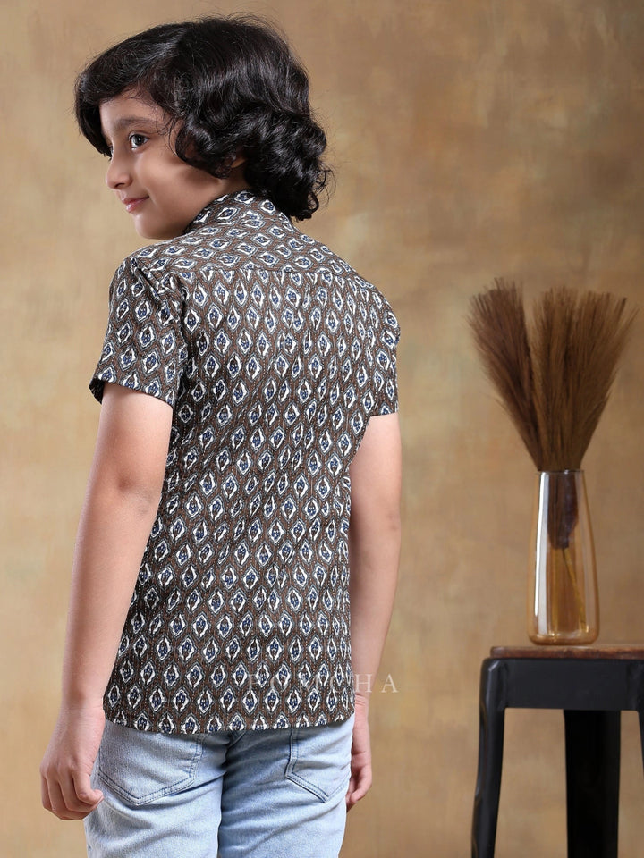 BACHPAN DAHLEEZ BROWN COTTON HAND BLOCK SHIRT - Pomcha Jaipur
