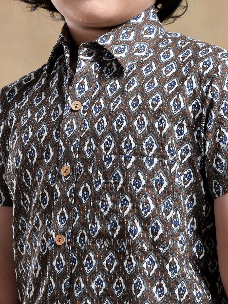 BACHPAN DAHLEEZ BROWN COTTON HAND BLOCK SHIRT - Pomcha Jaipur