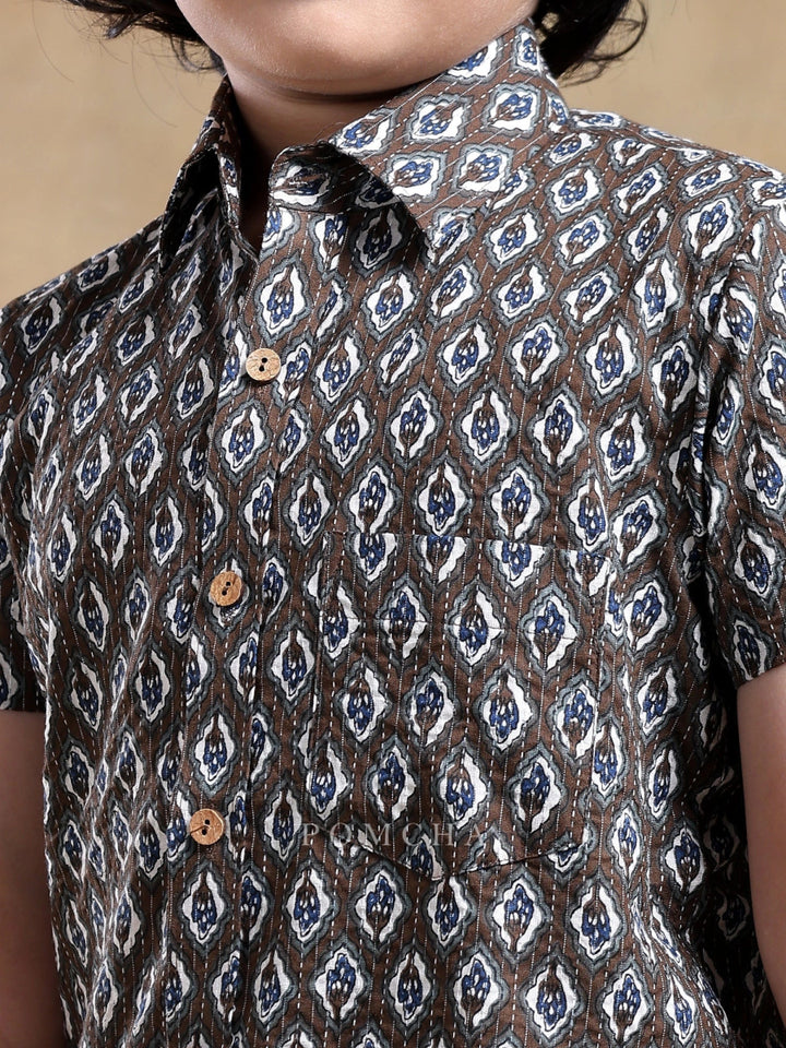BACHPAN DAHLEEZ BROWN COTTON HAND BLOCK SHIRT - Pomcha Jaipur