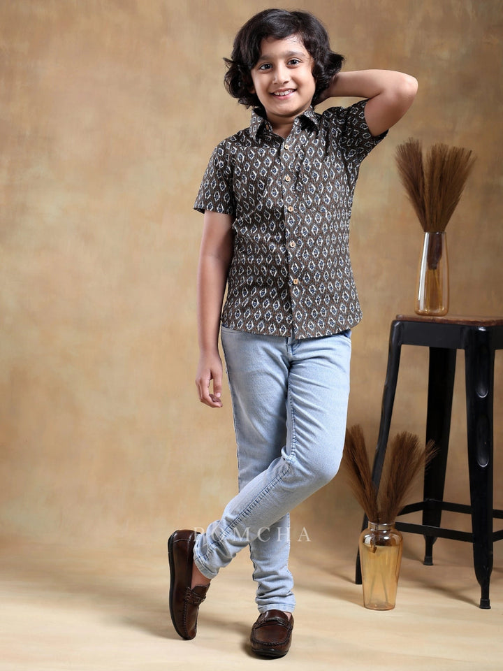 BACHPAN DAHLEEZ BROWN COTTON HAND BLOCK SHIRT - Pomcha Jaipur